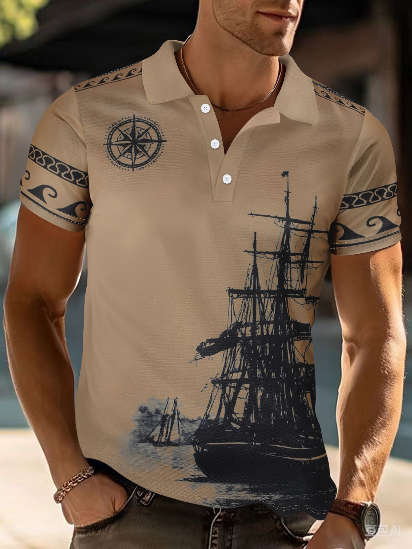 Men's POLO shirts designer T-shirts 2025 New Men's Casual Sports Polo Shirt V-Neck Button-Down | Sailboat Print Versatile T-Shirt