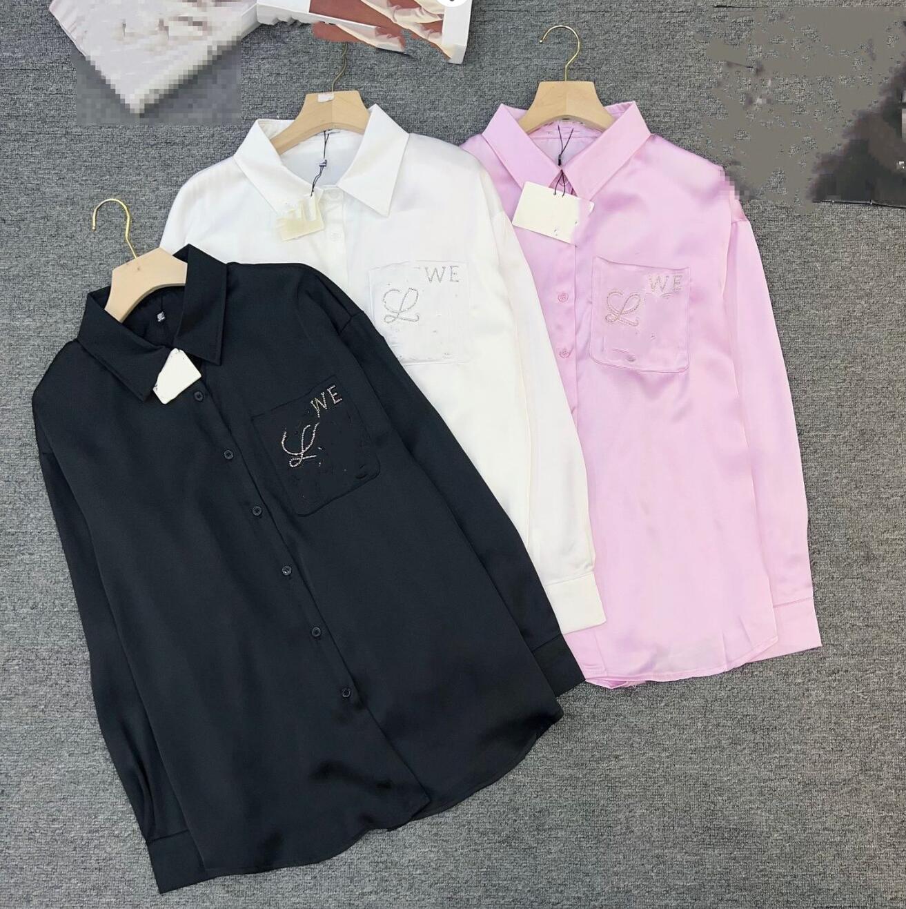 Women new spring autumn rhinestone logo letter jacquard designer long sleeve satin fabric shirts blouses SMLXL