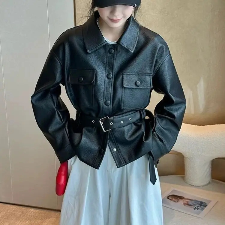 Polo Collar Belt Leather Jacket for Womens Spring Sweet and Cool Versatile Retro Motorcycle Jacket 250606
