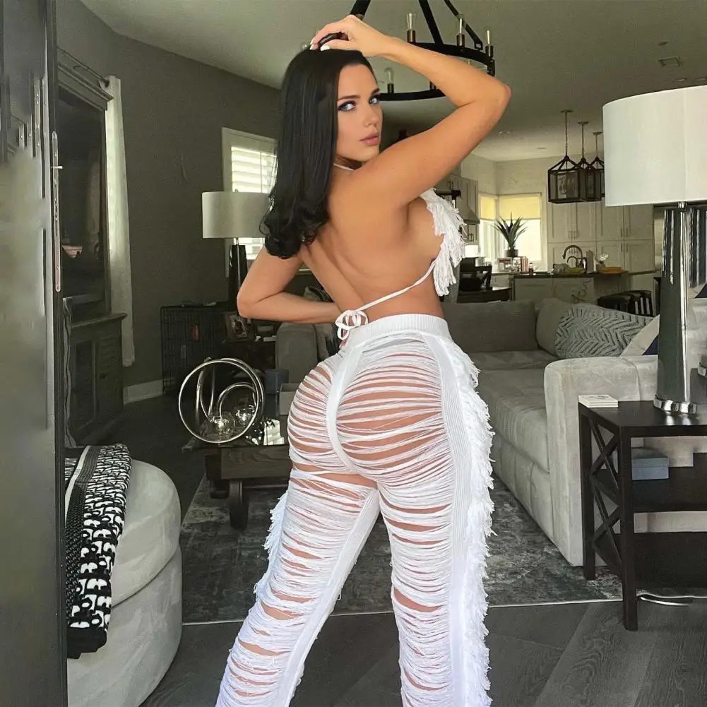 Fringed Knitted Pants Set Stylish Womens Beach Vacation Set with Tassel Crop Top High Waist Ripped Knitted Pants Lace-up Halter 250606