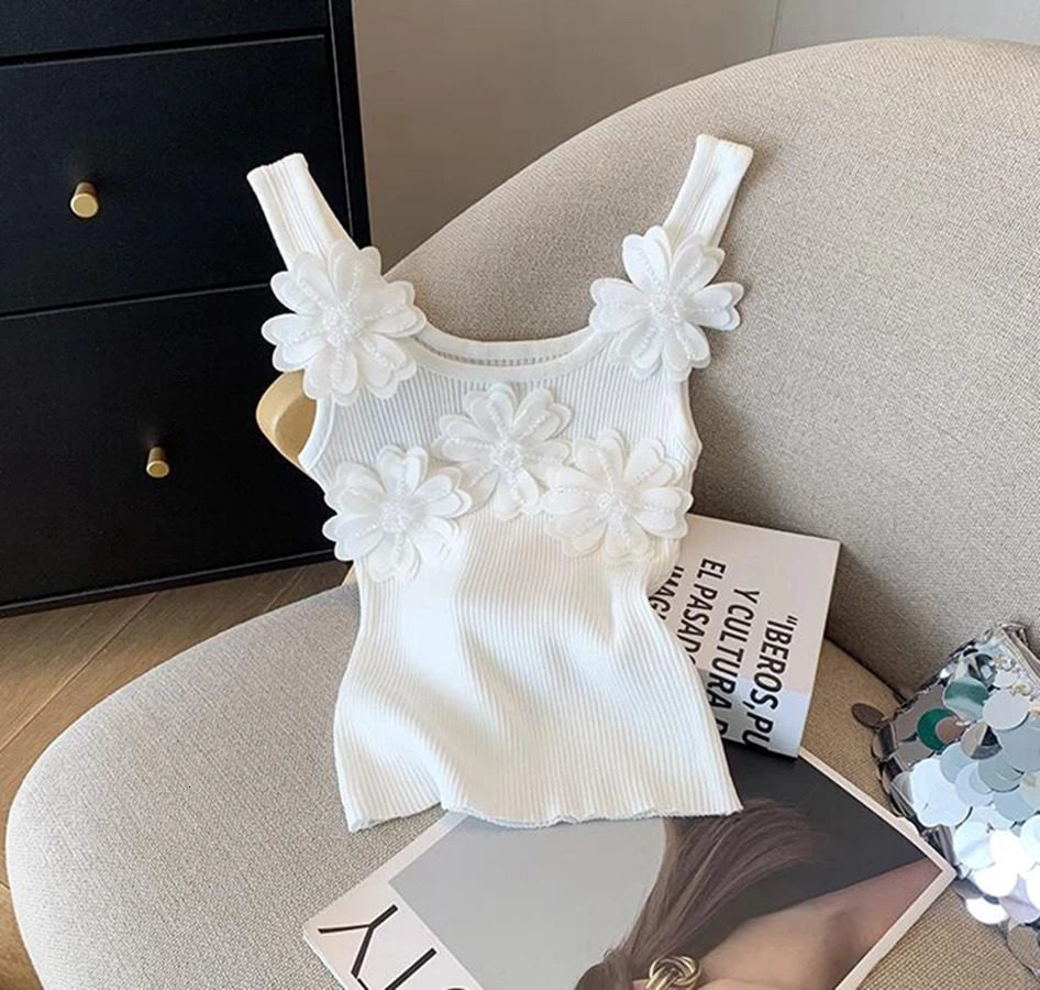 Heavy Industry Sequined Flower Splicing Tank Top Womens Summer Blouse Outerwear Knitted Sleeveless Top 250609
