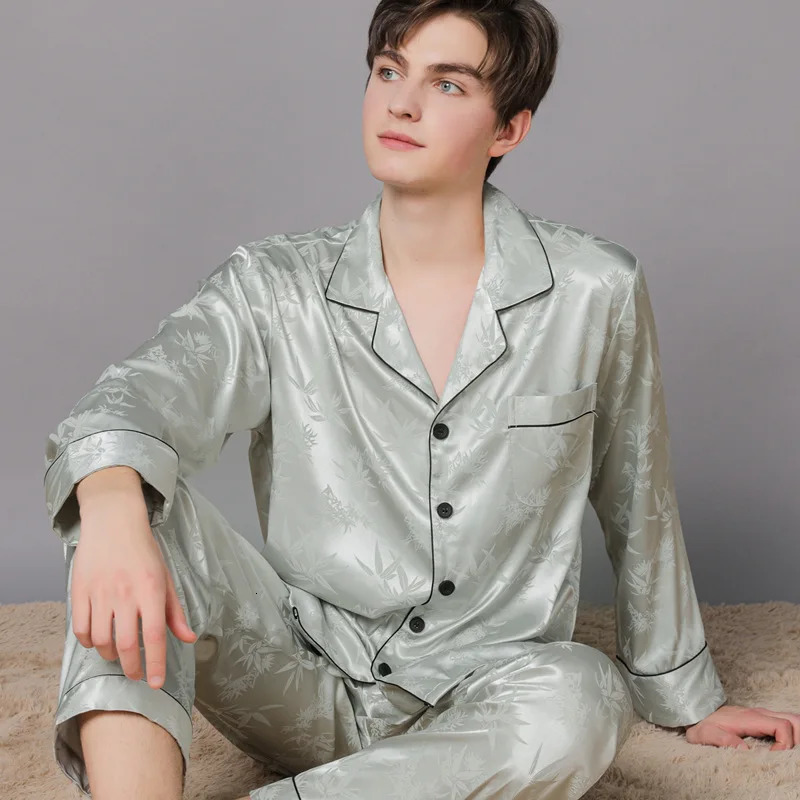 Men Ice Silk Pajamas Suit Summer Plus Size Satin Thin Plaid Male Home Clothes Fashion Print High Quality Sleepwear Boy 250610