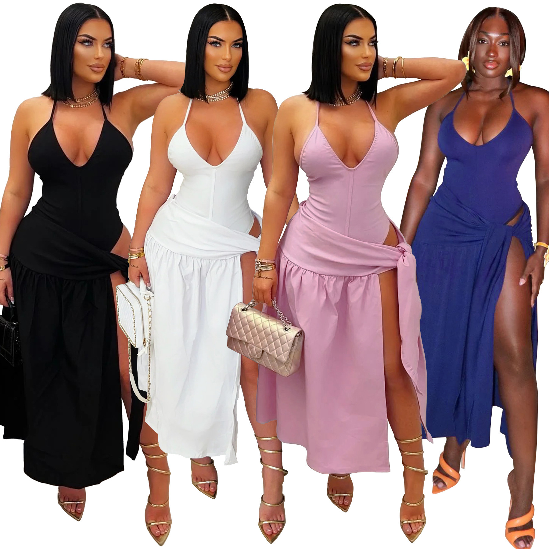 10823 Femmes de couleur unie à cravate de jupe divisée sexy