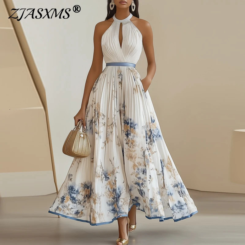 Boho Halter Hollow Vacation Robes Printemps Floral Imprimerie haute taille A-line Robe plissée Sumou Soul Souples Long Robe maxi 250612