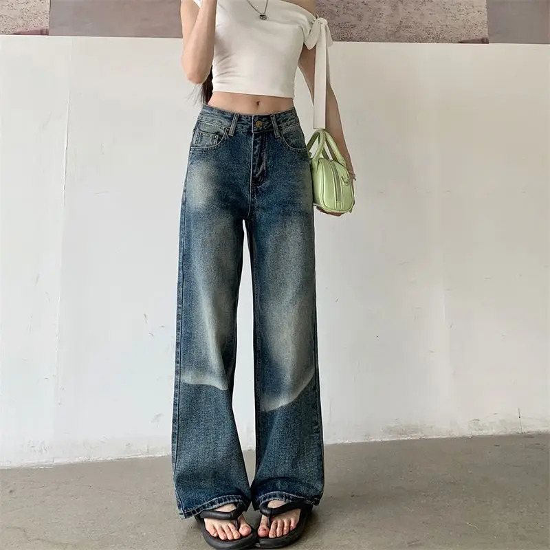 plus size high waist straight leg stretch denim jeans women dark blue fashion XS to XL for summer Womens Casual Pants 250611