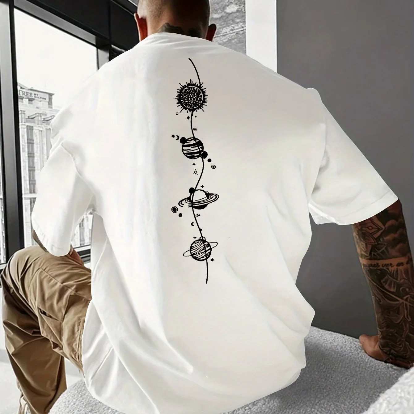 Mens 100% Pure Cotton Summer Loose Size Planet Graphic Print Casual Comfortable Round Neck Short Sleeve T-shirt Top 250606