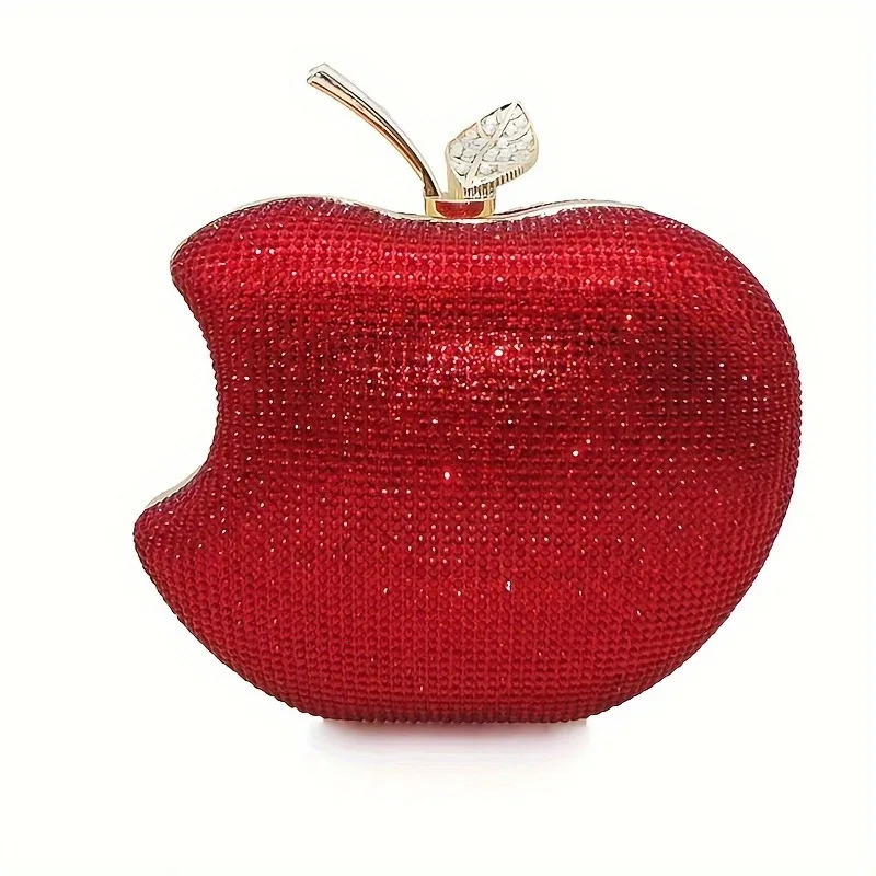 Red Mini Apple-Shaped PU Clutch Bag, Gold and Silver Tone Hardware, Glitter Beaded Texture Zipper Handbag for Formal Business Events