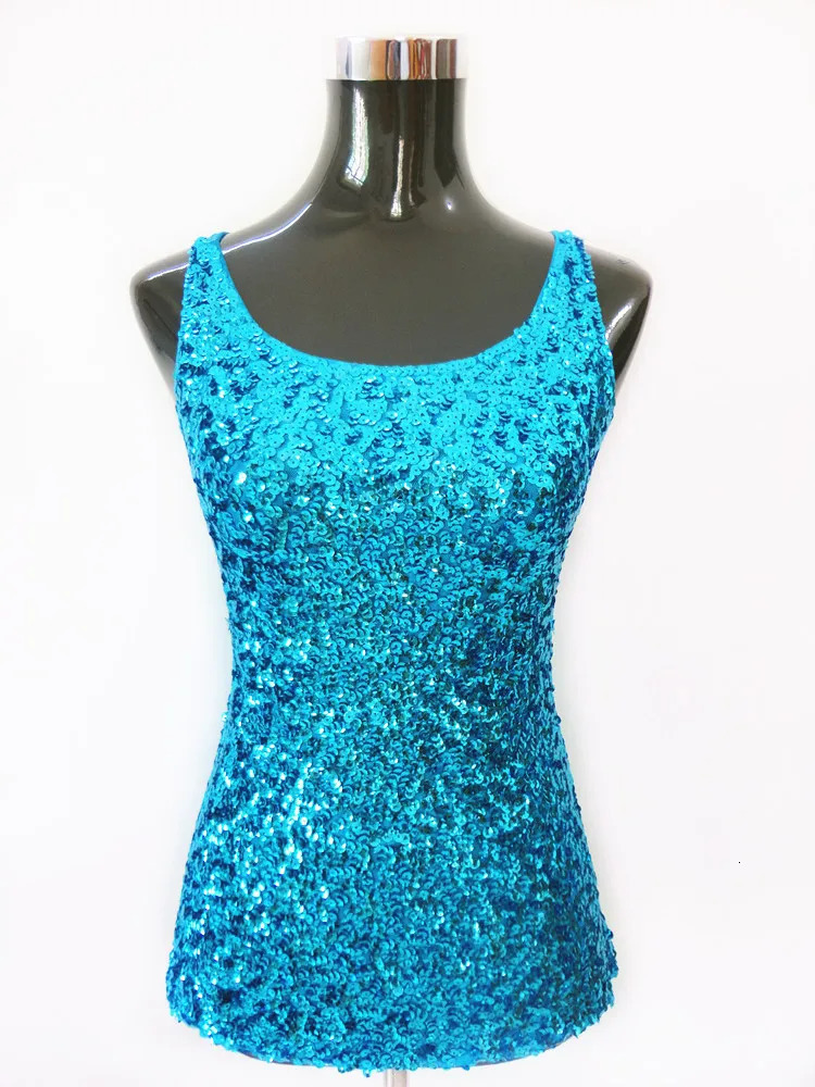 Women Sequined Spaghetti Camisole Tank Tops Summer Clubwear Tops Sexy Round Neck Sequin Camis Vest Tops Blue 250609