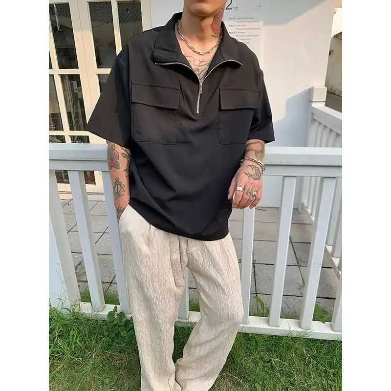 Half Zip Shirt Mens Summer Short Sleeved T-shirt Harajuku Trendy Brand Light Mature Style Vintage Flip Up Collar Casual Shirt XJ250612