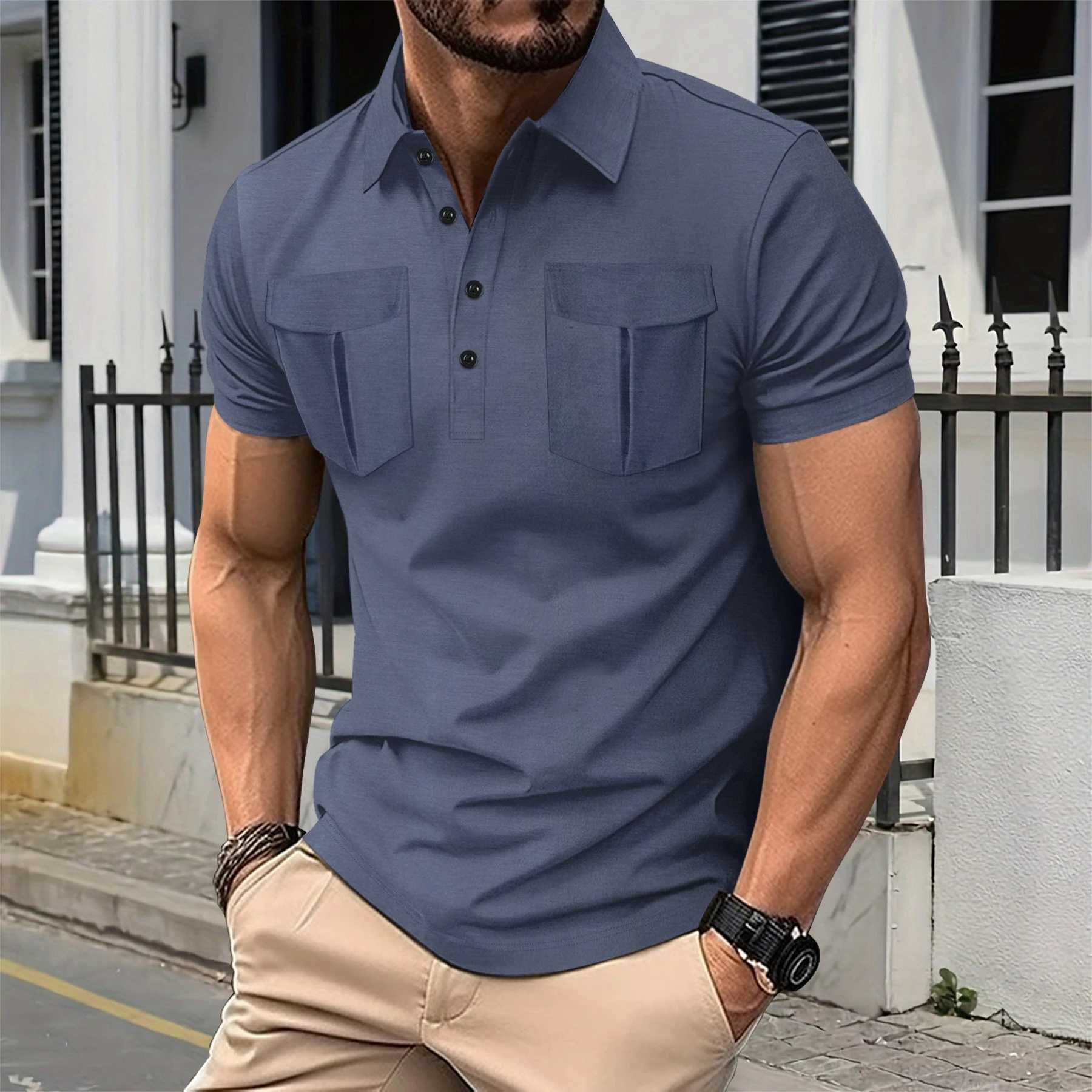 2025 Mens Simple Summer Nouveau repeuplement à bouton long avant Double Pockets Couleur solide Polo à manches courtes à manches de haute qualité