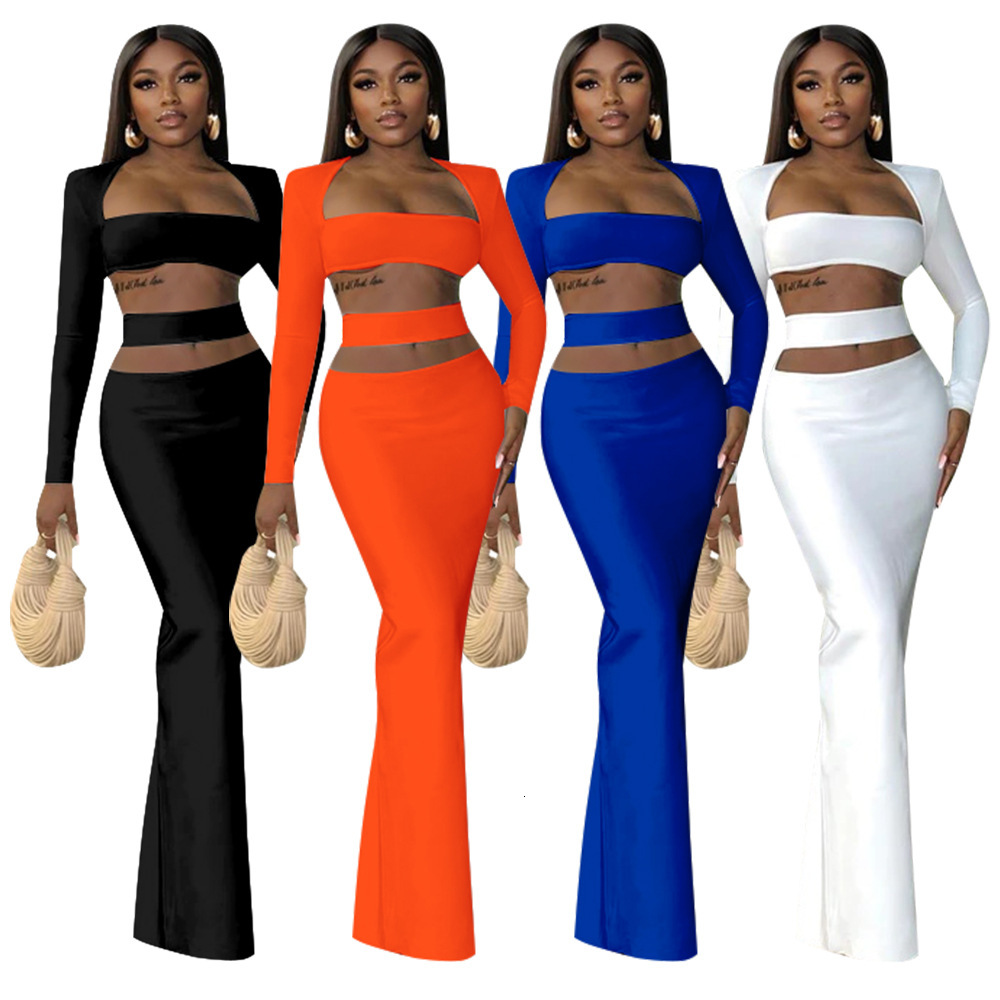 K10357 Fashion Womens Autumn and Winter Solid One Neck Long Sleeve Sexy Open Navel Dress Set