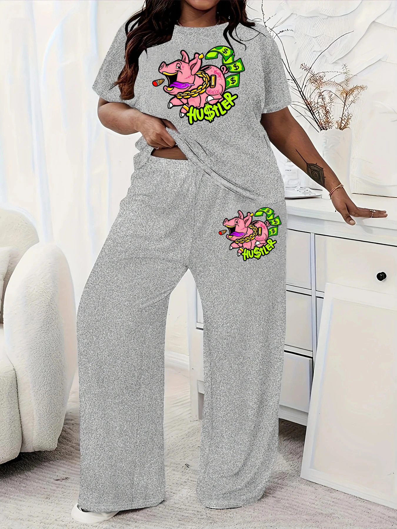 Plus taille femme Summer Casual Imprimé Set Tyranny Pink Piggy Bank imprimé Pantalon à manches courtes à manches courtes Deux pièces Robe décontr