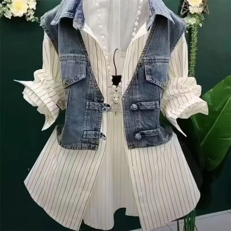 Fashion Sense Striped Denim Jackets Shirt Womens Spring Summer Cowboy Splicing Two Pieces Shirt Coat Top Women 250609