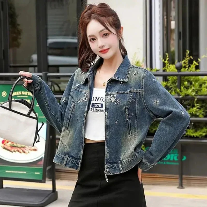 LIBIELIY SpringAutumn Denim Vintage Jacket Women Embroidery Coat Female Casual Streetwear Ladies Retro Sequin Splice Short Cowboy 250609
