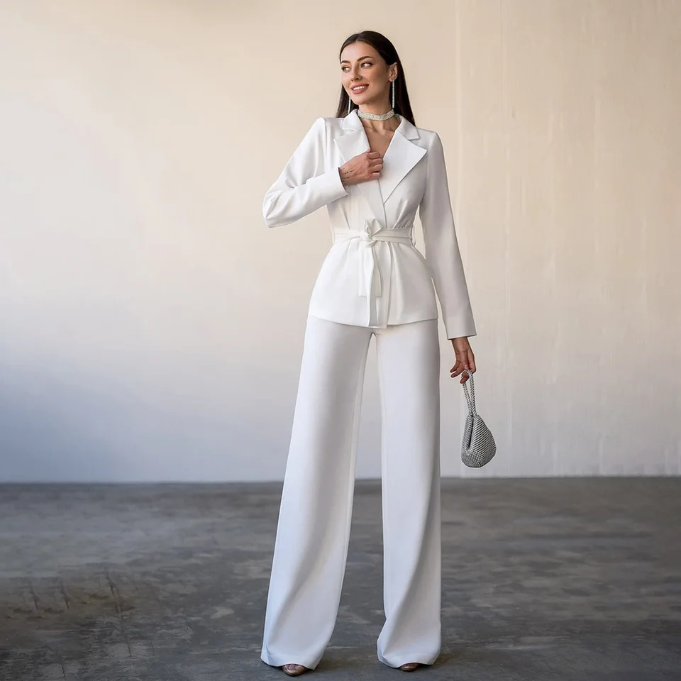 Elegant Women Suits White Notch Lapel Solid Color Outfits Wedding Party Tuxedo Formal Daily Casual Office Pants Sets 2 Piece 250612