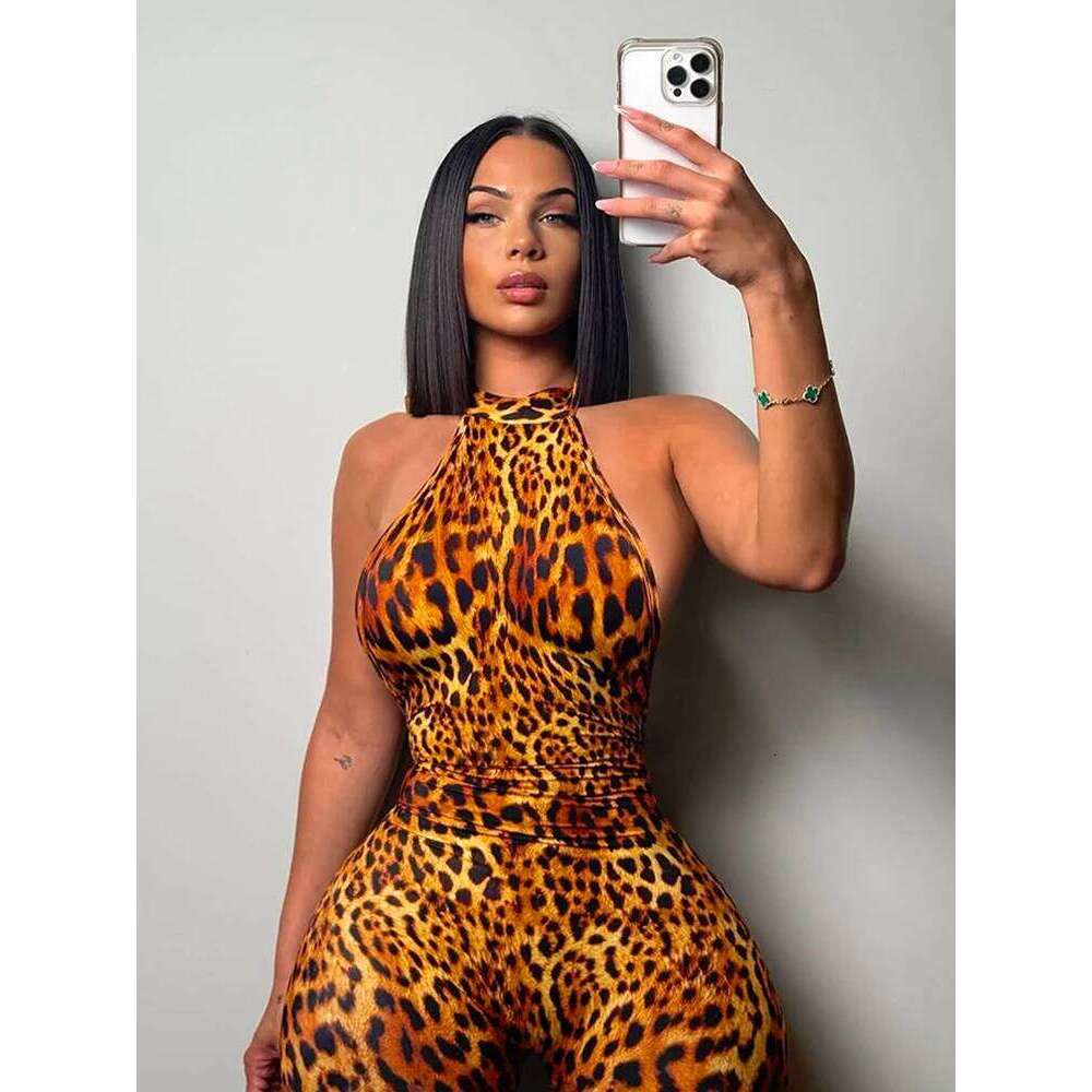 Nibber Summer Trend Backless Romper Women Halter Bandage Leopard Print Fit Tight Stretch Sexy Hipster Activity Workout Playsuits