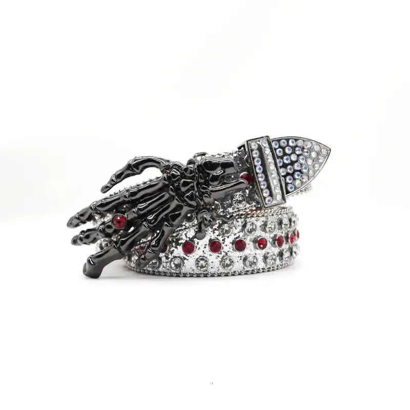 Crâne hip-hop pour hommes et femmes trous peints à la main avec ceintures en strass Y2K ceintures en PU à paillettes brillantes jeans punk avec p