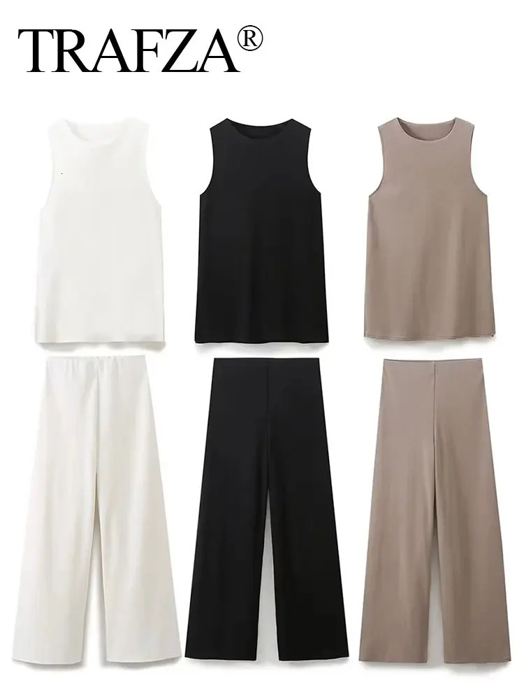 TRAFZA 2024 Summer Women Vest Pant Sets O Neck Sleeveless T-Shirt Elastic Waist Loose Trousers Casual Woman Vintage Solid Suit250609