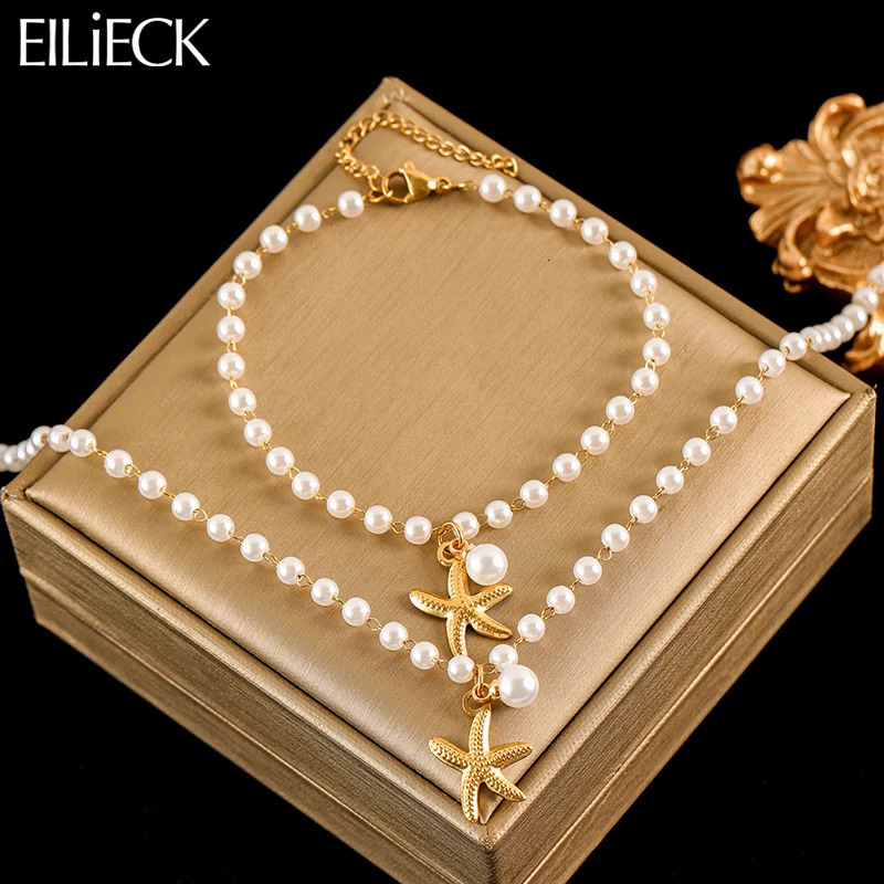 Eilick 316L Bracelets de collier de nappe de perles d'étoile de mer en acier inoxydable fixé pour les femmes chaîne de perles à la mode bijoux im
