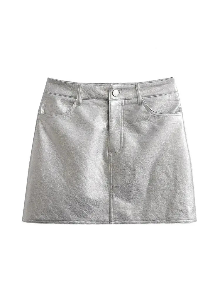 TRZA Women Fashion Front Pockets Faux Leather Silver Mini Skirt Vintage High Waist Zipper Fly Female Skirts Mujer 250606