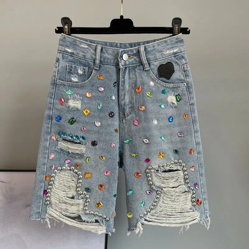 Colorful Diamond-inlaid Ripped Denim Cropped Trousers Summer High-waist Loose Breeches for Women 250606