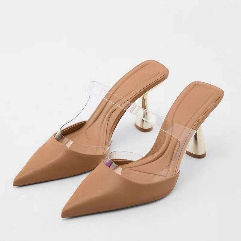 Été Gold High Heels Sandals Femme 2024 Brand de marque Trendy Brand PVC PVC Elegant Slingbacks Big Size Party Lady Mules Chaussures