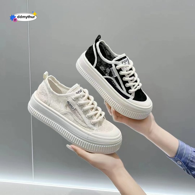 Women's Summer Thin Mesh 2024 New Breathable Lace Thick Sole Versatile Casual Sneakers Canvas White Shoes ddmythur