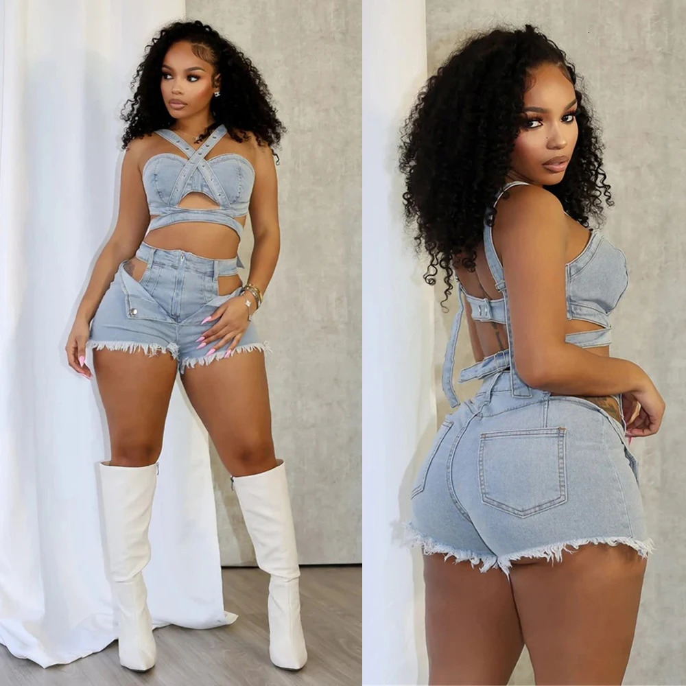 Sexy Jean Women Short Sets Straps Denim Crop Top and Cut Out Shorts Set 2025 Summer Clothes Streetwear Two 2 Piece Club Outfits 250609