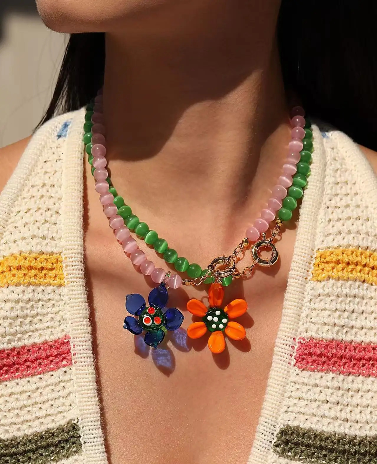 1Pcs/Set 2025 Spring and Summer Ins Bloggers Same Natural Cats Eye Handmade Glass Flower Bohemian Holiday Style Colorfulful Necklace 250610
