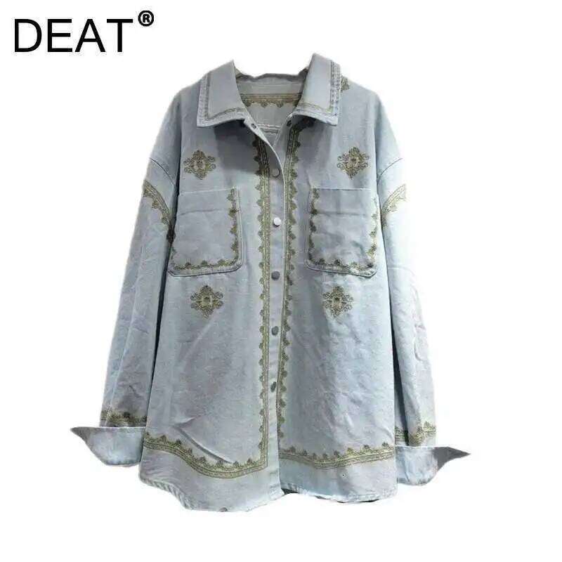 Chemises en jean pour femmes Loose Loose Bleu clair Edge Single Breas à manches longues Blouse Summer Nouvelle Fashion