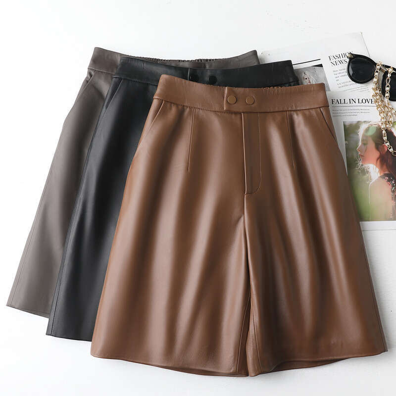 Sheepskin For Women 2024 Autumn Winter New High Waist Slimming Five-Point Mid-Length Loose Wide-Leg Leather Shorts