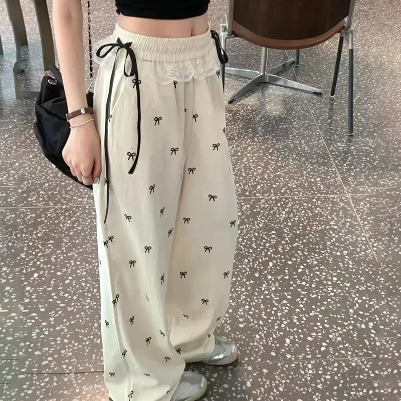 Fashion Lace Patchwork Women Casual Pants Summer Loose Preppy Bow Print Pants High Waist All Match Straight Trousers 250612
