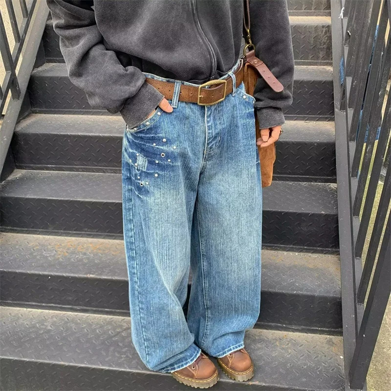 American Vintage Rivet Baggy Jeans For Man Washed Distressed Straight-leg Denim Trousers Y2K Streetwear Jean 250612