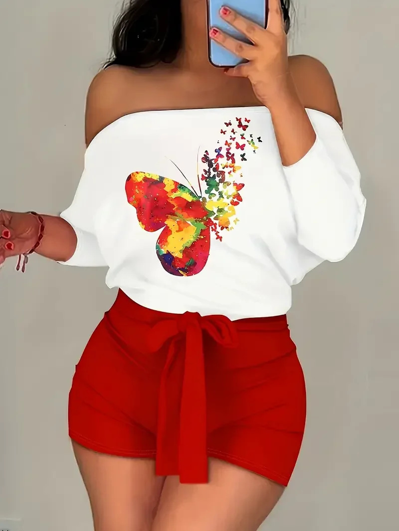 Plus Size 1XL5XL Womens Fashion Print Two Piece Set Outfit Shorts Outfit Ladies Casual ShoulderBaring TShirt 250609