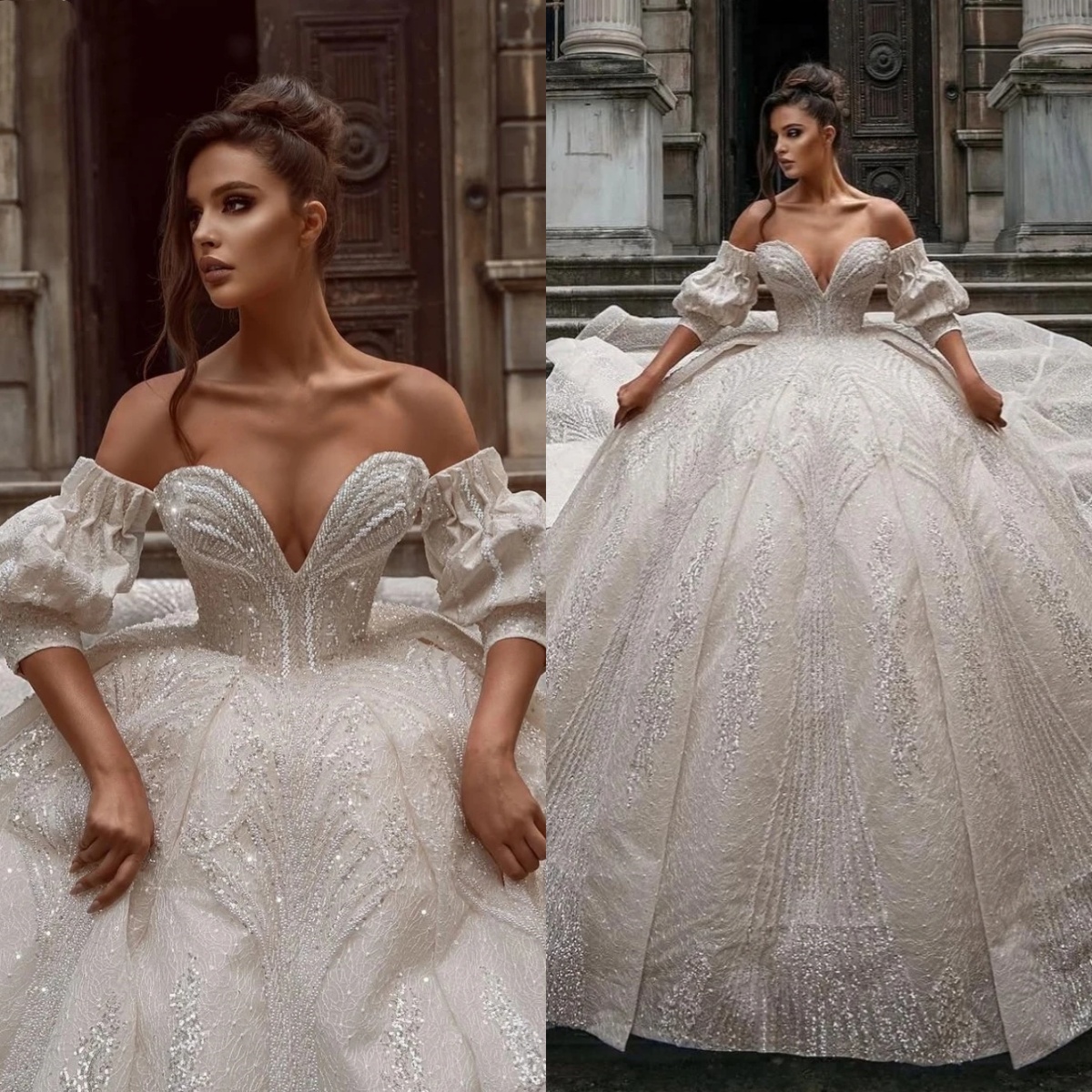 Fashion Strapless Wedding Dresses Beading Sequins Bridal Ball Gowns Sweep Train Princess Lace Up Customized Bride Vestidos De Novia Plus Size