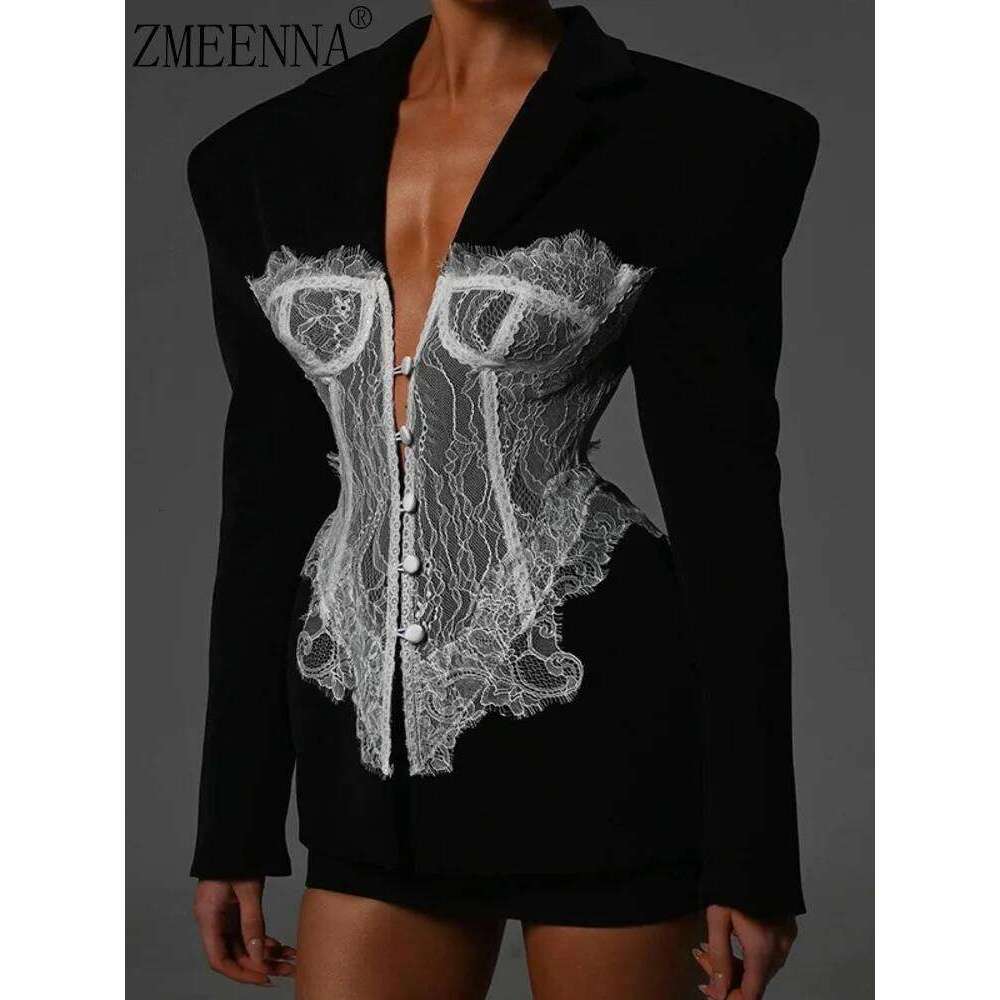 ZMEENNA 2025 Spring New Women's Black Blazer With Delicate White Lace Corset Overlay Structured Shoulders ZM954