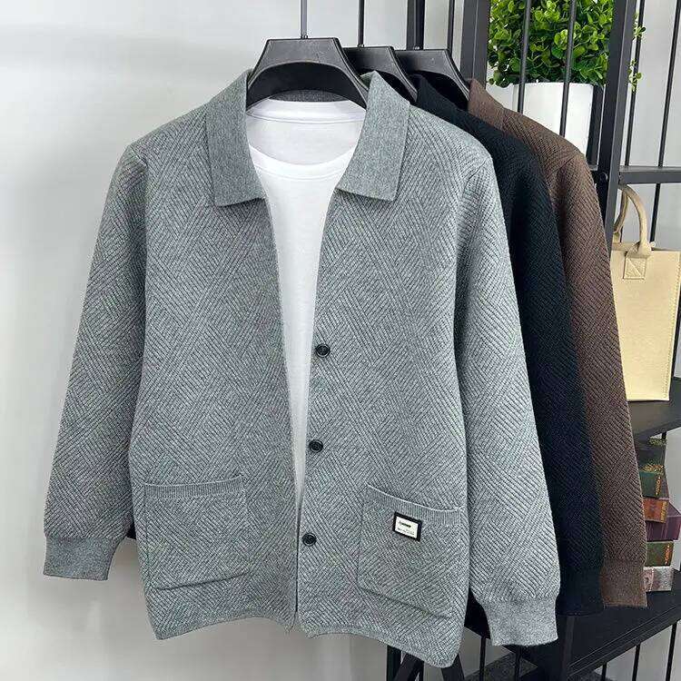 Cardigan tricoté pull châle veste Jacquard solide tendance coupe ajustée automne hommes col décontracté haut élégant Streetwear