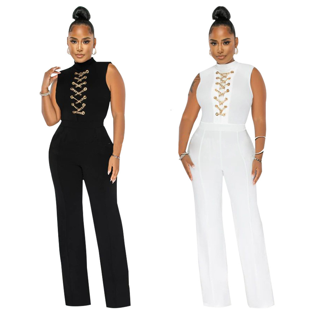 1459 Womens Sexy Solid Color Sleeveless Stand Collar Round Neck Jumpsuit Wide Leg Pants