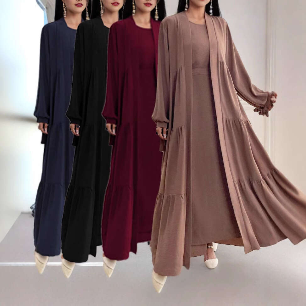 femmes printemps été à manches longues châle deux pièces ensemble mode musulman cravate Cardigan Robe Robe B5