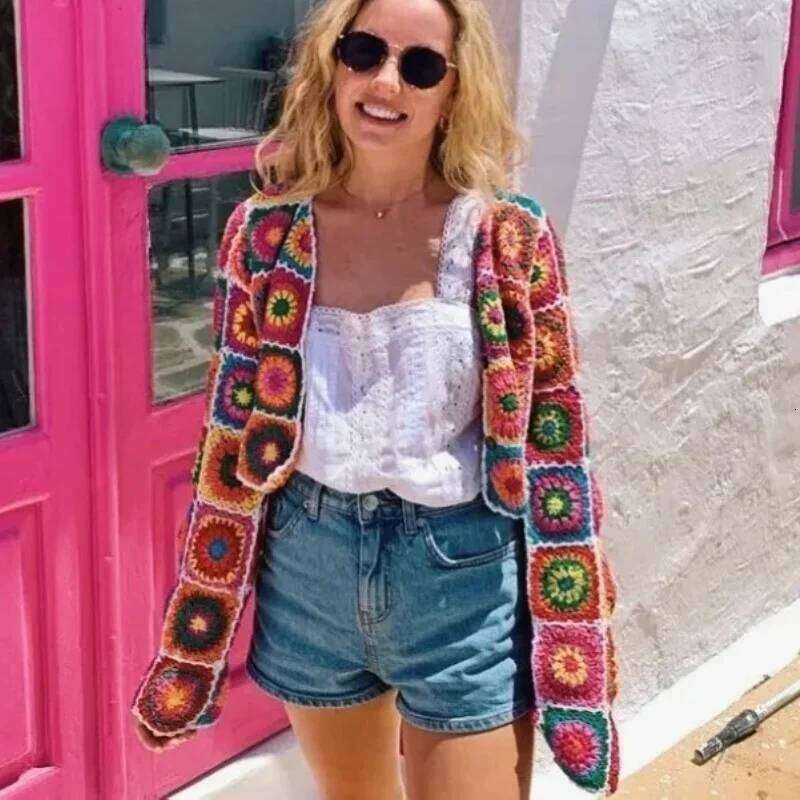 Boho Hippie fait à la main Floral tricoté Pull court haut pour femme Pull Vintage ethnique Crochet vestes évider vêtements d'extérieur Pull