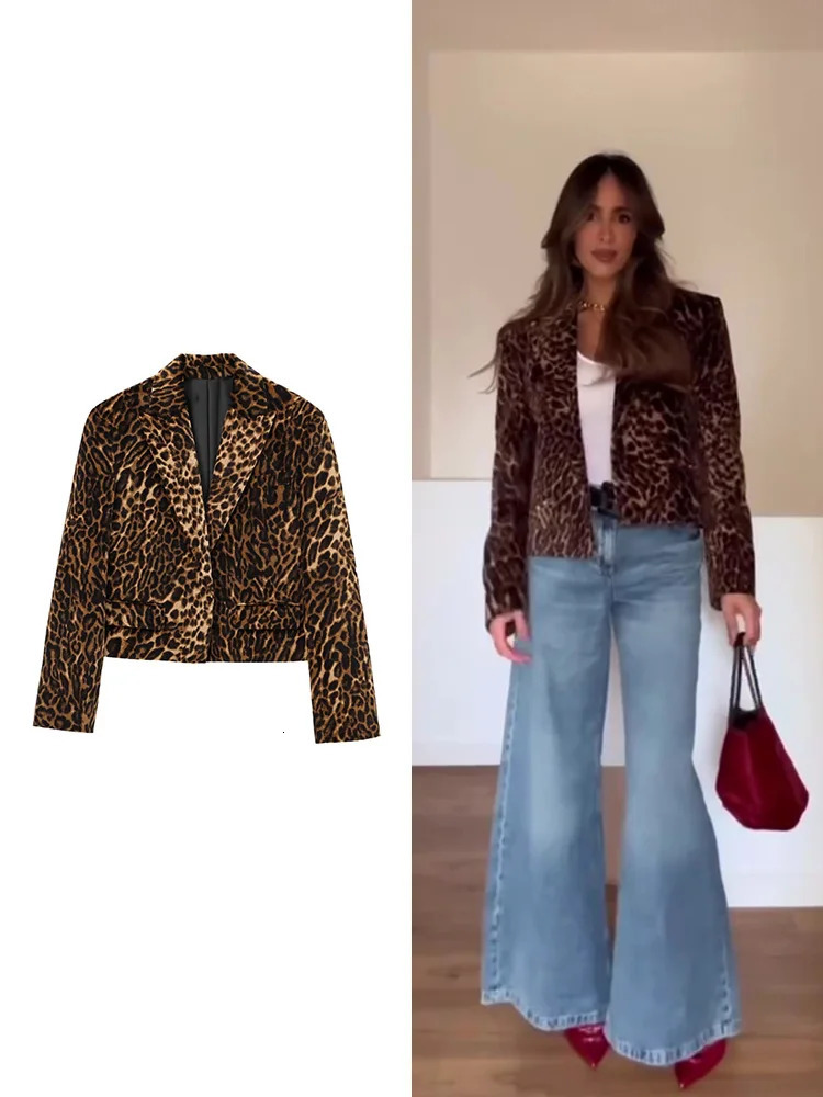 TRAF womens animal print blazer European and American style autumn winter fashion velvet short jacket casual 250522