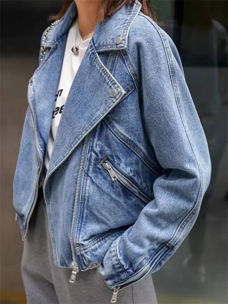 Fashion Motorcycle Denim Jacket Women 2025 New Spring Autumn Lapel Zipper Short Cowboy Streetwear Vintage Loose Coat Outwear