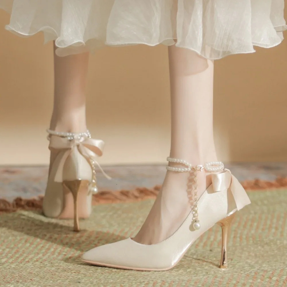 Ribbon Pearl Pointed Thin Heel High Heels Womens Versatile Commuting Sweet Womens Shoes Plus Size Heels 44 Wedding Shoes Bride 250612