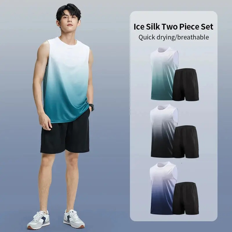 Fitness Clothes MENS ICE Silk Quick-dry Vest Sportswear Set Summer T-shirt Basketball Equipment Training Running Short Sleeves 250612