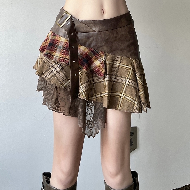 American Retro Asymmetrical Women Mini Skirts Lace Stripes Plaid Leather Irregular Fashion Chic Short Dresses 250606