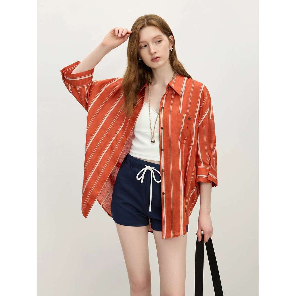 FSLE Minimalism Linen Seaside Holiday Season Old Money Style Loose Red Striped Shirt Female 2025 Summer New Arrival 25Fs12557