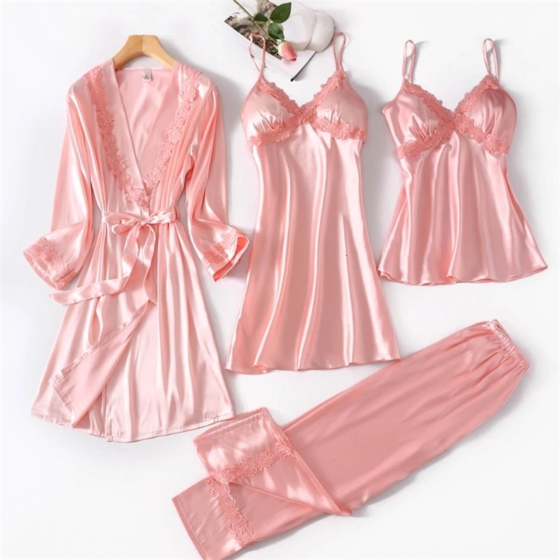 French Sexy Lace Womens 4pc Pajamas Set with Bra Y2k Elegant Halter Nightskirt Nightgown Autumn Chic Lounges 250606