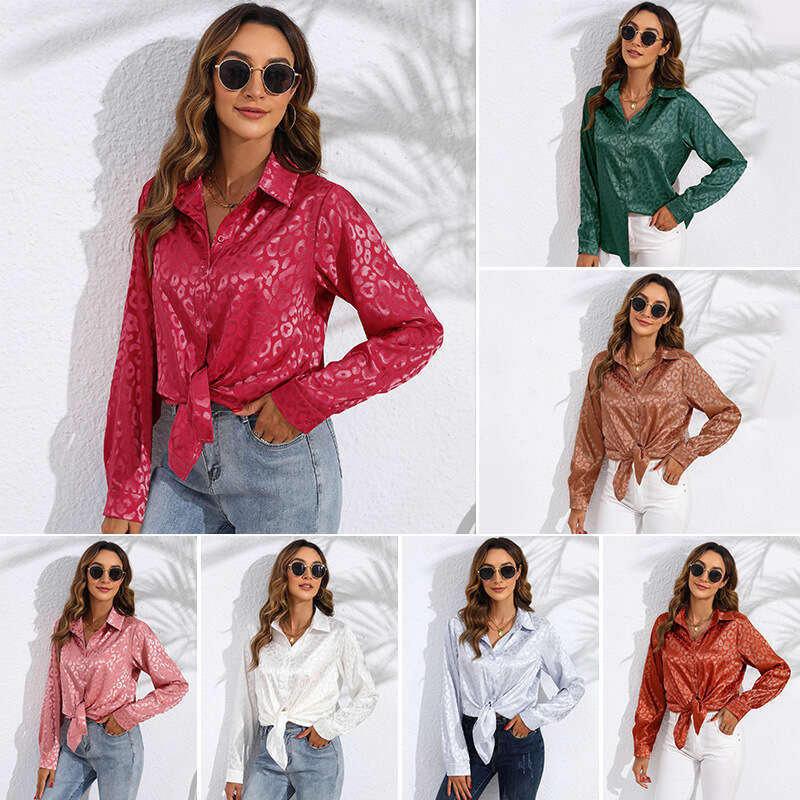 Solid Color Shirt Spring Autumn Women's Elegant Jacquard Imitation Silk Long Sleeve Blouse B5