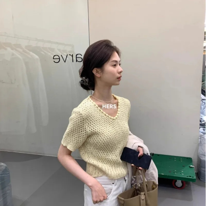 Women Clothes Summer Fashion Korean Allmatch Fashionable Versatile Temperament Solid Color Oneck Knitting Short Sleeve Top Tee 250611