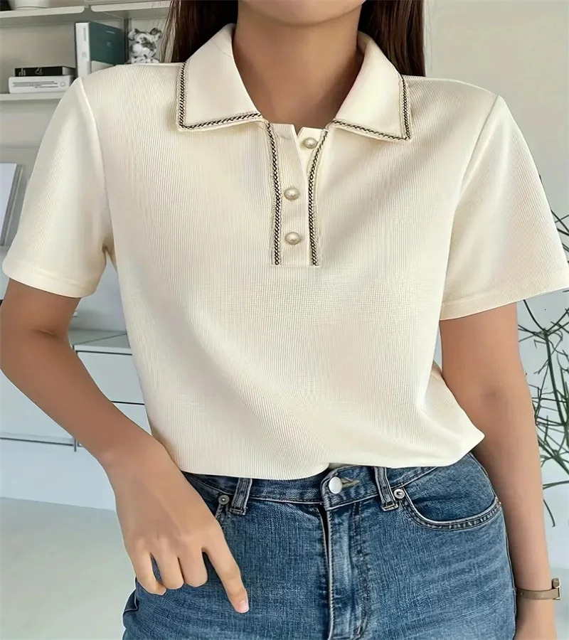 Spring 2024 Womens pure color button-down T-shirt spring and summer casual office short-sleeved shirt250609